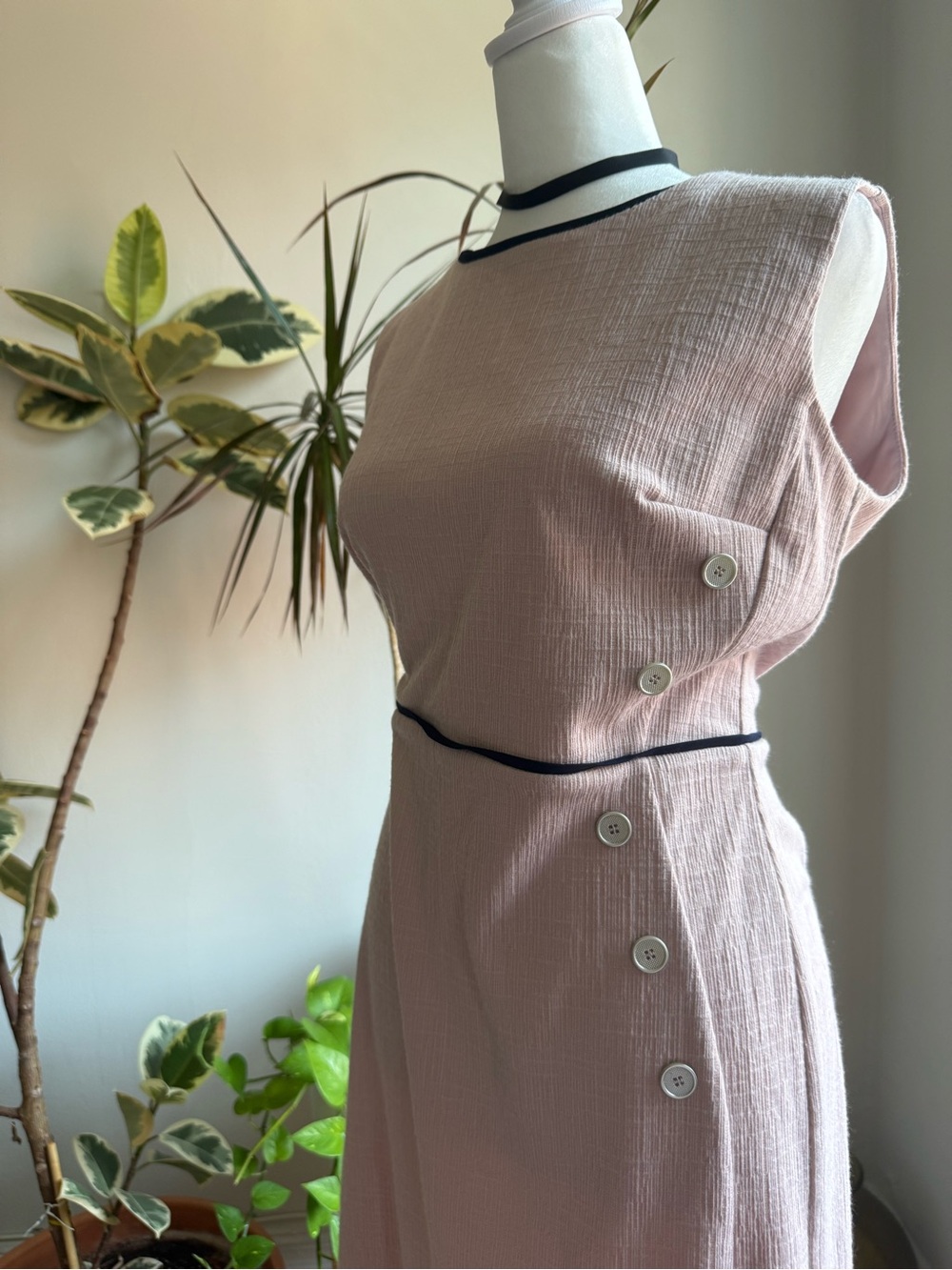 Sleeveless Blush Pink Textured Button-Detail Dress